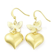 Rack Plating Brass Dnagle Earrings, Heart with Butterfly, Long-Lasting Plated, Real 18K Gold Plated, 38x16mm(KK-C029-05G)