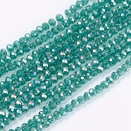 Electroplate Glass Beads Strands, Full Rainbow Plated, Faceted, Rondelle, Sea Green, 3x2mm, Hole: 0.8mm, about 185~190pcs/strand, 14.9~17.3 inch(38~44cm)(X-GLAA-F076-FR04)