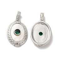 Brass Pave Cubic Zirconia Pendants, Oval Charms with Natural Shell, Platinum, Dark Green, 22.5x15.5x4mm, Hole: 2x4.5mm(KK-I703-08P-01)