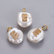 Natural Cultured Freshwater Pearl Pendants, with Brass Micro Pave Cubic Zirconia Findings, Nuggets with Letter, Long-Lasting Plated, Golden, Clear, Letter.E, 17~27x12~16x6~12mm, Hole: 4x2.5mm(KK-L187-A-01E)