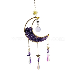 Natural Amethyst Chip & Metal Moon Hanging Ornaments, Glass Cone Tassel Suncatchers for Home Outdoor Decoration, 430mm(PW-WG44395-02)