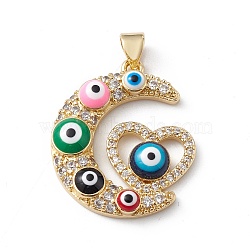 Rack Plating Brass Micro Pave Cubic Zirconia Pendants, with Enamel Evil Eye, Long-Lasting Plated, Cadmium Free & Lead Free, Real 18K Gold Plated, Crescent Moon with Heart Charm, Colorful, 24.5x21x4.5mm, Hole: 5x3mm(KK-E003-25G-01)