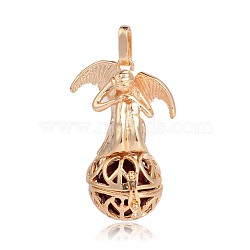 Golden Plated Brass Hollow Round Cage Pendants, with No Hole Spray Painted Brass Round Beads, Angel, Purple, 44x29x20mm, Hole: 3x8mm(KK-J249-08G)