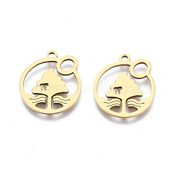 Ion Plating(IP) 201 Stainless Steel Pendants, Laser Cut, Flat Round with Tree, Golden, 17x15x1mm, Hole: 1.4mm(STAS-T044-251G)