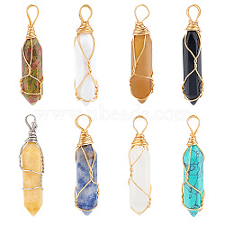 PandaHall Elite 8Pcs 8 Style Natural & Synthetic Gemstone Big Pendants, with Brass Findings, Hexagonal Prisms, 44.5~52x10~11x9.5~10.5mm, Hole: 4x7mm, 1pc/style(G-PH0001-61)