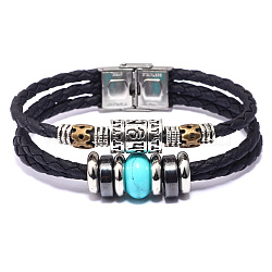Leather Multi-strand Bracelets, with Synthetic Turquoise, Synthetic Hematite, Alloy Findings and Stainless Steel Clasps, 8-1/8 inch(20.5cm), 13mm(BJEW-F352-09P-04)