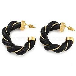 Brass & PU Leather Twist Stud Earrings, Real 18K Gold Plated, Black, 40.5x8.5mm(EJEW-K293-19G-03)