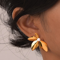 304 Stainless Steel Stud Earrings, Leaf, with Imitation Pearl, Golden, 33x22mm(EJEW-U039-01G)