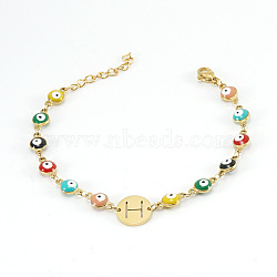 Colorful 304 Stainless Steel & Evil Eye Enamel Flat Round Link Bracelets, Letter Charm Bracelets for Women, Golden, Real 18K Gold Plated, Letter H, 6.69 inch(17cm)(FS-WGB13F5-08)