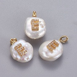 Natural Cultured Freshwater Pearl Pendants, with Brass Micro Pave Cubic Zirconia Findings, Nuggets with Letter, Long-Lasting Plated, Golden, Clear, Letter.E, 17~27x12~16x6~12mm, Hole: 4x2.5mm(KK-L187-A-01E)