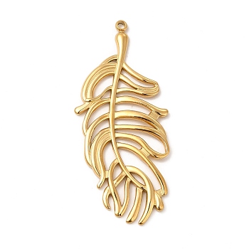 Ion Plating(IP) 304 Stainless Steel Big Pendants, Feather Charm, Real 18K Gold Plated, 50x22x2mm, Hole: 1.6mm