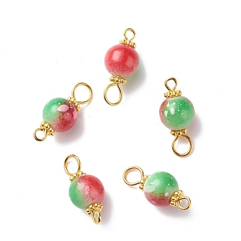 Spray Painted Resin Connector Charms, with Iron Loops, Two Tone, Red & Green, Round, Golden, 19.5x8.5mm, Hole: 2~3mm