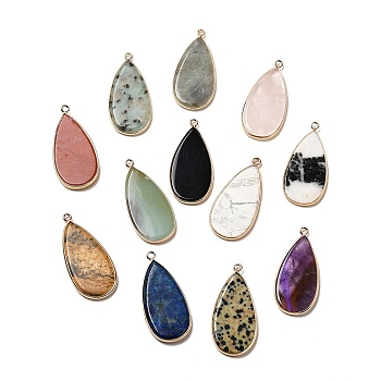 Natural & Synthetic Mixed Gemstone Pendants, Teardrop Charms, with Light Gold Tone Brass Findings, Mixed Dyed and Undyed, 45x21~21.5x3~3.5mm, Hole: 2mm