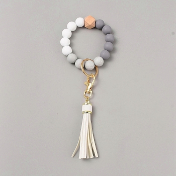 Silicone Round Beaded Keychain Wristlet, with Alloy Keychain Clasps Finding and PU Leather Tassel, Floral White, 23cm