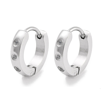 304 Stainless Steel Pave Clear Cubic Zirconia Huggie Hoop Earrings for Women, with 316 Surgical Stainless Steel Ear Pins, Stainless Steel Color, 9.5x2x9.5mm