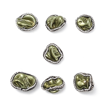 Electroplated Natural Freshwater Shell Nuggets Beads, with Polymer Clay Rhinestone, Olive Drab, 19~22.5x16.5~25x10~12mm, Hole: 0.5~0.7mm
