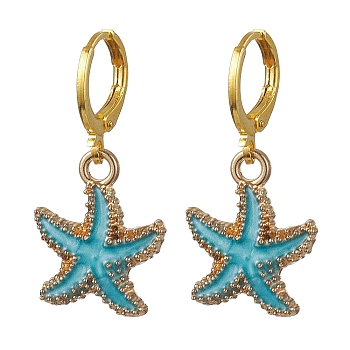 Alloy Enamel Hoop Earrings, Starfish, Deep Sky Blue, 31.5x15mm