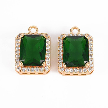 Brass Micro Pave Clear Cubic Zirconia Pendants, with Glass, Nickel Free, Real 18K Gold Plated, Faceted, Rectangle, Green, 16x11x7mm, Hole: 1.6mm