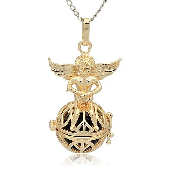 Golden Tone Brass Hollow Round Cage Pendants, with No Hole Spray Painted Brass Round Ball Beads, Round with Angel, Black, 43x28x20mm, Hole: 3x8mm