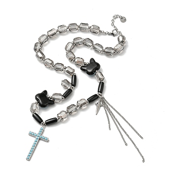 Glass Beaded Necklaces, 304 Stainless Steel Cross Pendant Necklaces for Women, Stainless Steel Color, 16.34 inch(41.5cm)