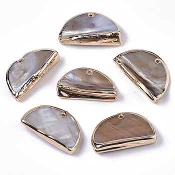 Natural Freshwater Shell Pendants, Edge Golden Plated, Half Round, Golden, 17~20x29~31x7~10mm, Hole: 1.2mm