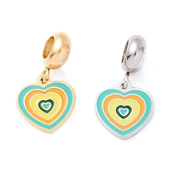 304 Stainless Steel European Dangle Charms, Large Hole Pendants, with Enamel, Golden & Stainless Steel Color, Heart, Turquoise, 21mm, Hole: 4.5mm