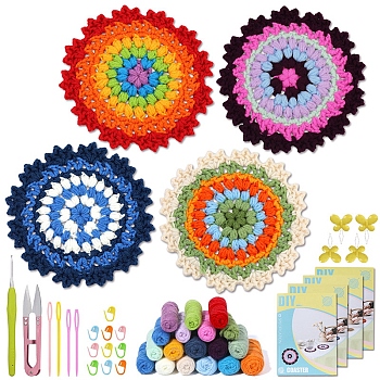 4 Style DIY Cup Mat Knitting Kits for Beginners, including Polyester Yarn, Crochet Hook, Yarn Needle, Instructions, Stitch Marker, Mixed Color, 110mm