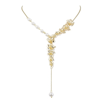 Brass Flower Lariat Necklace, with Shell Pearl Beaded, Golden, 15.67 inch(39.8cm)