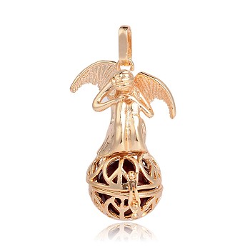 Golden Plated Brass Hollow Round Cage Pendants, with No Hole Spray Painted Brass Round Beads, Angel, Purple, 44x29x20mm, Hole: 3x8mm