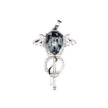 Natural Snowflake Obsidian Teardrop Pendants, Platinum Tone Brass Key Scepter Wing Charms, 45x35x9mm