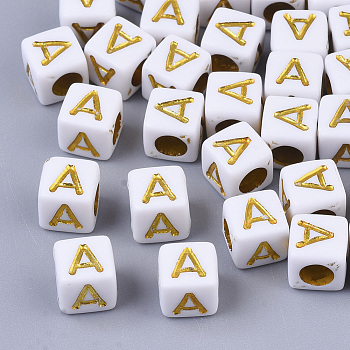 Plating Acrylic Beads, Horizontal Hole, Golden Metal Enlaced, Alphabet Style, Cube, Letter.A, 5.5~6x5.5~6x5.5~6mm, Hole: 3.5mm, about 3000pcs/500g