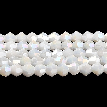 Opaque Solid Color Electroplate Glass Beads Strands, AB Color Plated, Faceted, Bicone, White, 4x4mm, Hole: 0.8mm, about 82~85pcs/strand, 12.01~12.2 inch(30.5~31cm)