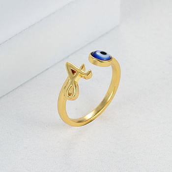 Golden Brass Letter A Open Cuff Rings, Evil Eye Ring, Blue, Inner Diameter: 16~18mm