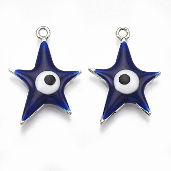 Alloy Pendants, with Enamel, Star with Evil Eye, Antique Silver, Midnight Blue, 30x20.5x4mm, Hole: 2mm
