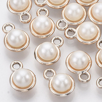 UV Plating ABS Plastic Pendants, with ABS Plastic Imitation Pearl, Light Gold, Flat Round, Creamy White, 15x11x9.5mm, Hole: 2.5mm