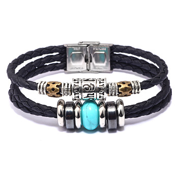Leather Multi-strand Bracelets, with Synthetic Turquoise, Synthetic Hematite, Alloy Findings and Stainless Steel Clasps, 8-1/8 inch(20.5cm), 13mm