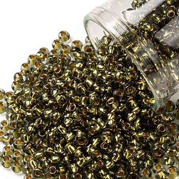 TOHO Round Seed Beads, Japanese Seed Beads, (758) Gold Lined Black Diamond, 8/0, 3mm, Hole: 1mm, about 222pcs/bottle, 10g/bottle