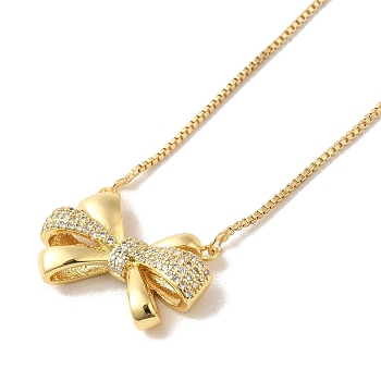 Bowknot Micro Pave Clear Cubic Zirconia Pendant Necklaces, Brass Box Chain Necklaces for Women, Real 18K Gold Plated, 17.95 inch(456mm)