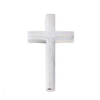 304 Stainless Steel Pendants, Motivational Cross Charms, Stainless Steel Color, 37x22x5mm, Hole: 3mm