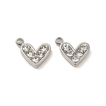 304 Stainless Steel Pendants, with Rhinestone, Heart Charms, Crystal, 9x10x2mm, Hole: 1.4mm
