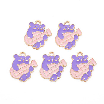 Alloy Enamel Pendants, Cadmium Free & Nickel Free & Lead Free, Light Gold, Bear to Play Guitar, Medium Purple, 19x17x1.5mm, Hole: 1.6mm