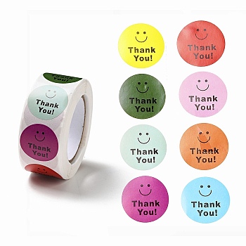 Round Dot Paper Thank You Stickers Roll, Smiling Face Self-Adhesive Gift Tags, for Seal Top Decoration, Mixed Color, 66x27mm, Stickers: 25mm in diamerer, 500pcs/roll