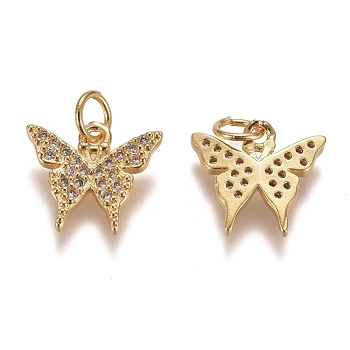 Brass Micro Pave Clear Cubic Zirconia Charms, with Jump Rings, Butterfly, Golden, 11x12.5x2.5mm, Hole: 3mm