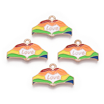Rainbow Color Pride Alloy Enamel Pendants, Double Hand with Heart Word Love Charms, Light Gold, Colorful, 13.5x22.5x1.5mm, Hole: 2mm