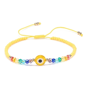 Lampwork Evil Eye & Glass Beaded Bracelet, Braided Adjustable Bracelet for Women, Gold, Inner Diameter: 2-1/2~3-7/8 inch(6.2~9.7cm)