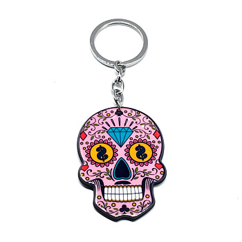 Plastic Pendant Keychain, with Iron Key Rings, Skull, Pearl Pink, Pendant: 5.7x4cm