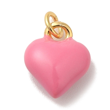 Brass Enamel Charms, with Jump Ring, Real 18K Gold Plated, Cadmium Free & Lead Free, Heart Charm, Flamingo, 11.5x9.5x4.5mm, Hole: 2mm