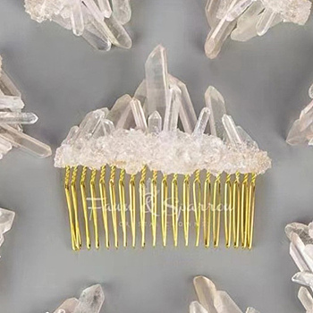 Natural Raw Quartz Crystal Chip Combs. with Alloy Findings, Hair Accessories for Woman Girls, Golden, 80mm