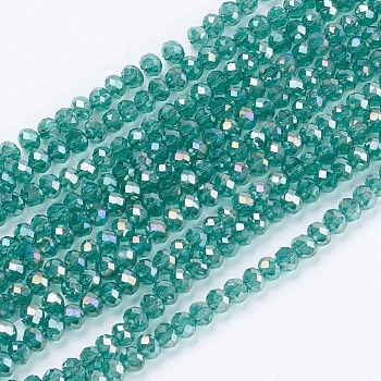 Electroplate Glass Beads Strands, Full Rainbow Plated, Faceted, Rondelle, Sea Green, 3x2mm, Hole: 0.8mm, about 185~190pcs/strand, 14.9~17.3 inch(38~44cm)