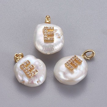 Natural Cultured Freshwater Pearl Pendants, with Brass Micro Pave Cubic Zirconia Findings, Nuggets with Letter, Long-Lasting Plated, Golden, Clear, Letter.E, 17~27x12~16x6~12mm, Hole: 4x2.5mm